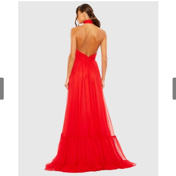 Mac Duggal Asymmetrical Halter Neck Gown in Red Chiffon - Picture 2 of 10